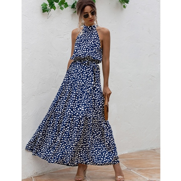 Spotted Print Maxi Dress Tie Belt High Neck - Picture 8 of 15
